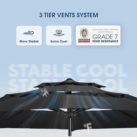 wikiwiki 9ft 3-Tier Patio Umbrella Outdoor Table Market Umbrella for Patio with Push Button Tilt/Crank, Fade Resistant Waterproof POLYESTER Canopy for Garden, Lawn, Deck, Backyard & Pool, Black
