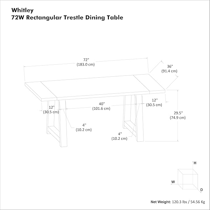 SIMPLIHOME Whitley Dining Table - 72 inch Wide Solid Mango Wood Rectangular Table in Black, Modern Farmhouse Style for Dining Room or Kitchen with Extra-Thick Trestle Base, Seats 6