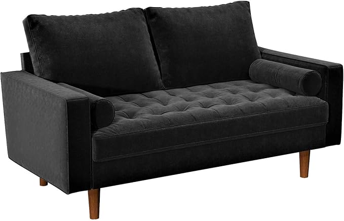 Container Furniture Direct Womble 58 Inch Velvet Loveseat Sofa with Elegant Button Tufted Upholstery, Square Arms, Splayed Wood Legs, Includes Matching Bolster Pillows, Midnight