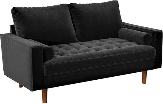 Container Furniture Direct Womble 58 Inch Velvet Loveseat Sofa with Elegant Button Tufted Upholstery, Square Arms, Splayed Wood Legs, Includes Matching Bolster Pillows, Midnight
