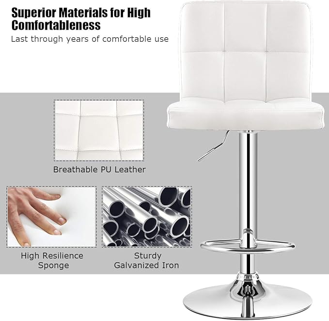 COSTWAY Adjustable Bar Stools Set of 4, Modern Swivel PU Leather Bar Chair with Backrest, Soft Cushioned Seat, Footrest, Sturdy Metal Frame, Comfortable Barstools for Kitchen Island, Pub, White