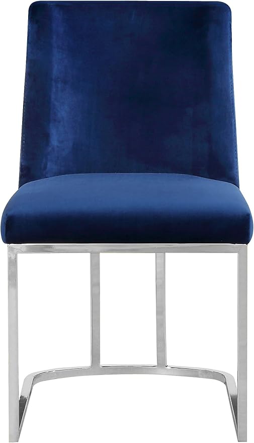 Meridian Furniture Heidi Collection Modern | Contemporary Velvet Upholstered Dining Chair with Polished Chrome Metal Frame, Set of 2, 19" W x 23" D x 32" H, Navy