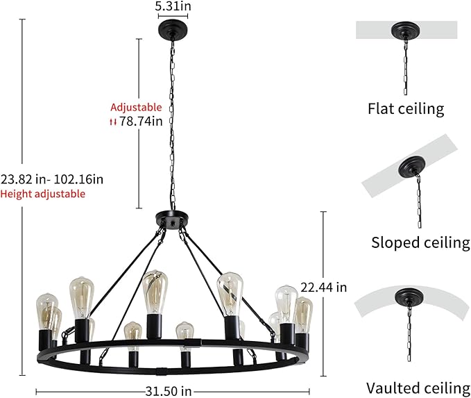 31.5" 12 Lights Wagon Wheel Chandelier, Black Round Rustic Industrial Vintage Farmhouse Chandeliers for Dining Room Foyer Living Room Kitchen Island