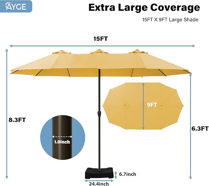 Ayge 15FT Patio Umbrella with Base,Large Outdoor Double-Sided Rectangle Umbrella with Crank Handle, Market Umbrella for Poolside Garden Deck Backyard Beach Pools,Yellow