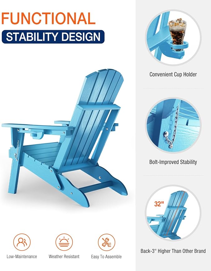 Adirondack Chair with Cup Holder: Folding Adirondack Chairs Plastic HDPE Material Furniture - Composite Fire Pit Chairs Foldable for Outdoor/Backyard/Garden/Lawn/Deck/Porch/Patio