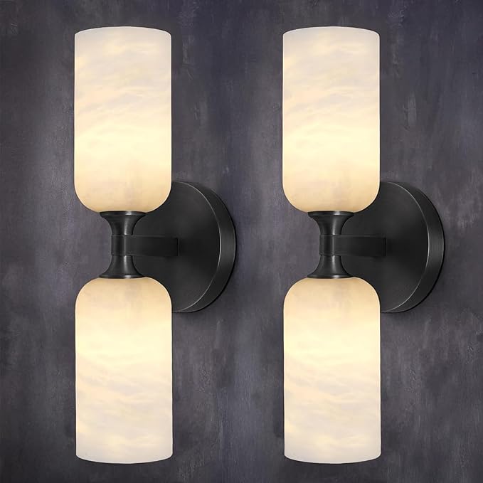 14in Modern Spanish Natural Marble Bathroom Vanity Sconces, Alabaster Wall Sconces Set of Two, Black Alabaster Sconce Wall Lighting, Black Wall Light Fixtures Decor