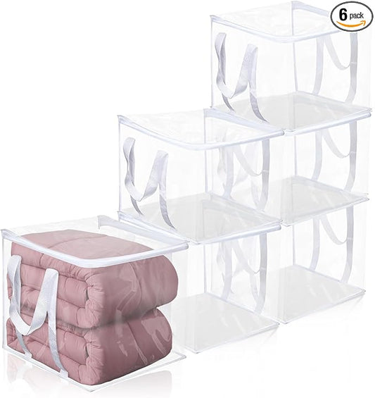 6 Pcs Clear Storage Bags With Zipper 12 × 12 × 12 inch PVC Clear Clothes Storage Bags with Reinforced Handles Moving Bag with Zippers for Clothes, quilts, shoes, blankets (6)
