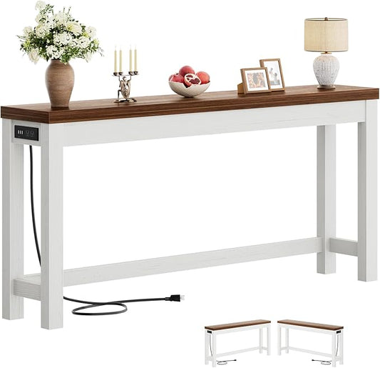 Cyclysio 63" Console Tables for Entryway, Long Console Tables for Living Room, Behind Couch Table, Sturdy Wood Support Farmhouse Entryway Table with 3AC+2USB Charging‌ Station, Rustic Oak