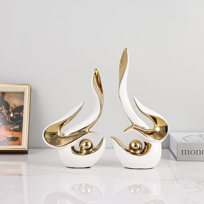 2PCS Abstract Ceramic Sculptures for Modern Decor, Sculptures Home Decor Accent, Abstract Art Figurines for Living Room Decorative Objects, Tabletop Centerpiece for Entryway,Shelf,TV Stand(White Gold)