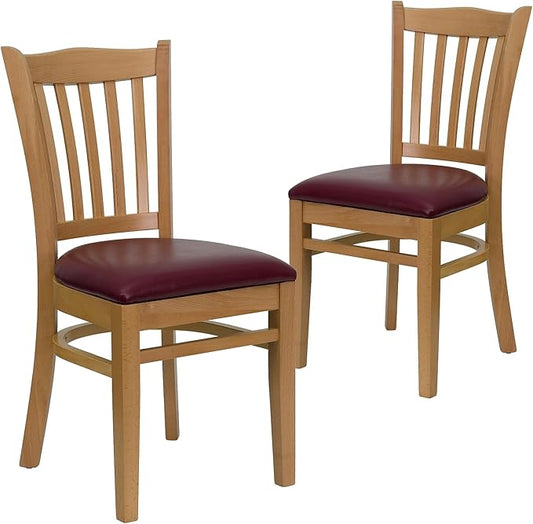 Flash Furniture 2 Pk. HERCULES Series Vertical Slat Back Natural Wood Restaurant Chair - Burgundy Vinyl Seat