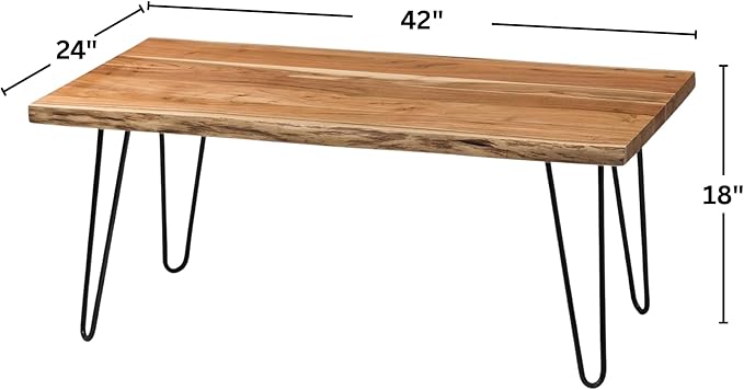 Alaterre Furniture Live Edge Wood Coffee Table with Hairpin Metal Legs – Rustic Modern Farmhouse Living Room Table with Acacia Wood Top (42 Inch)