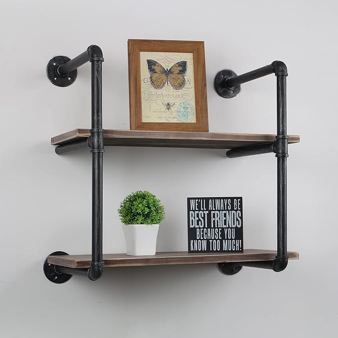 MBQQ Industrial Pipe Shelving Wall Mounted,24in Rustic Metal Floating Shelves,Steampunk Real Wood Book Shelves,Wall Shelf Unit Bookshelf Hanging Wall Shelves,Farmhouse Kitchen Bar Shelving(2 Tier)