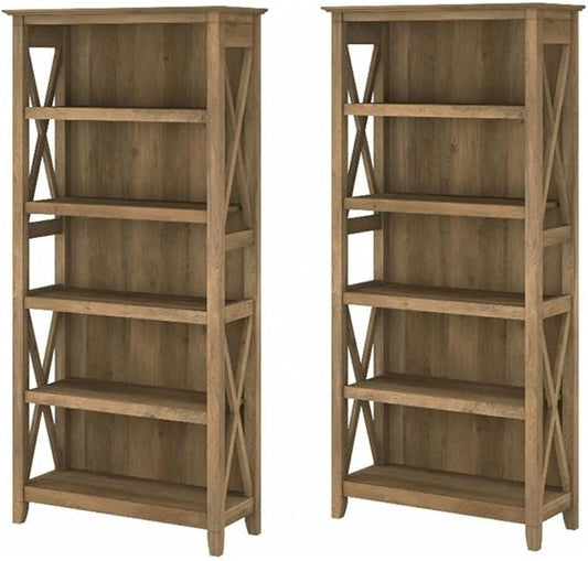 Bush Home Key West 5 Shelf Bookcase - Set of 2 | Tall Bookshelves in Reclaimed Pine | Sturdy Display Shelves for Library, Living Room, and Home Office