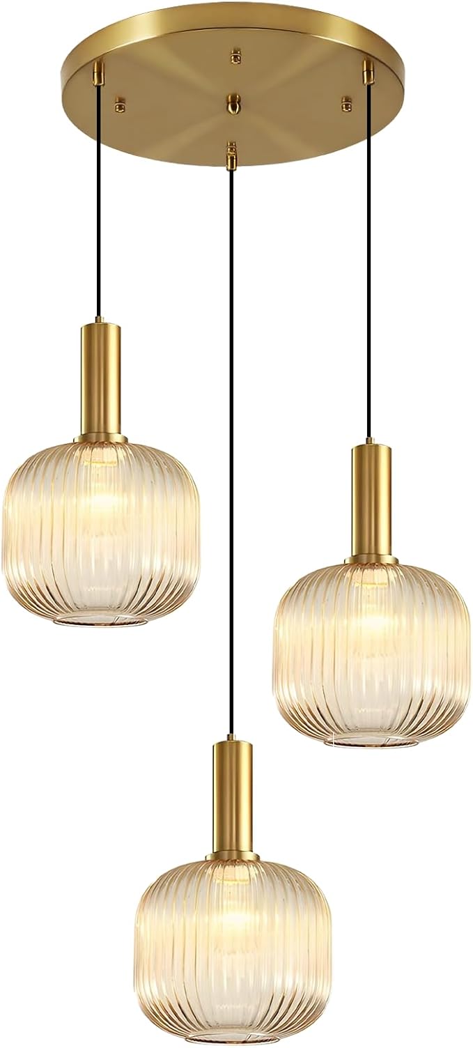 Gold Cluster Pendant Lights, 3-Light Dining Room Light Fixture Over Table, Modern Kitchen Island Chandelier, Multi Light Pendant Lighting Fixtures Ceiling Hanging with Amber Glass Shade