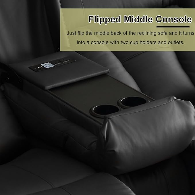 72.8" Manual Reclining Loveseat Sofa - Wall Hugger Double Loveseat Recliner with Console, Fold-Down Table and Built-in Outlets, Manual Recliner Chair for Living Room RVs Home Theater (Black)