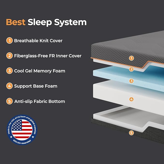 Vesgantti Queen Mattress, 10 Inch Gel Memory Foam Mattress Queen Size with Comfort Foam for Pressure Relief & Cool Sleep & Body Support, Made in USA, Medium Feel Bed in a Box, Grey