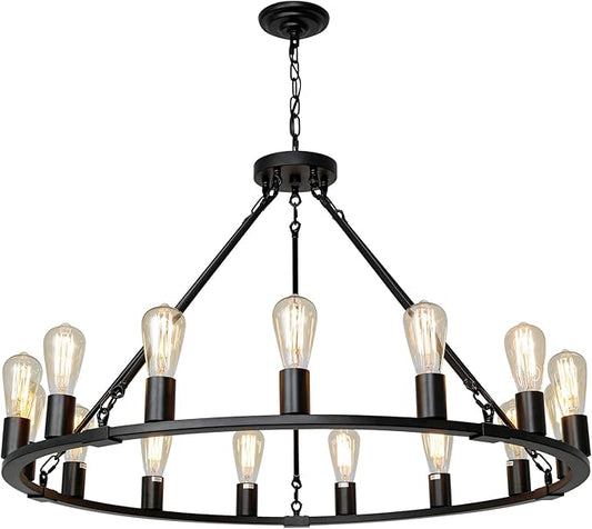 Wagon Wheel Chandelier, 15 Light Black Farmhouse Chandeliers for Dining Room, Dia 40'' Industrial Dining Room Light Fixture for Kitchen Island Living Room Foyer