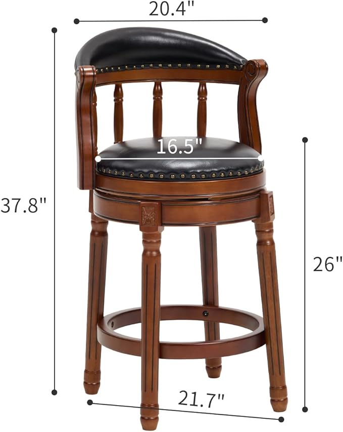 Cow top Leather Wooden Bar Stools, 29.5" Height Bar Chair with Back, 180 Degrees Swivel Bar Stools Chair for Home Kitchen Counter,Restaurant (Black-2pcs, Counter Seat Height 26in)