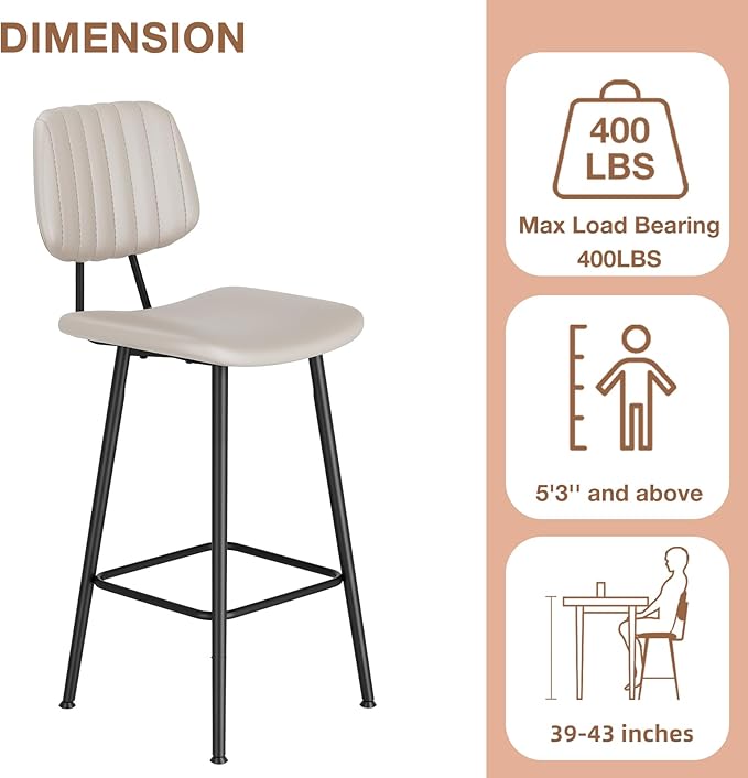 29-Inch Leather Bar Stools Set of 2, Counter Height Barstools with High Backrest，Bar Chairs for Kitchen Island with Heavy Duty Metal Legs, Beige