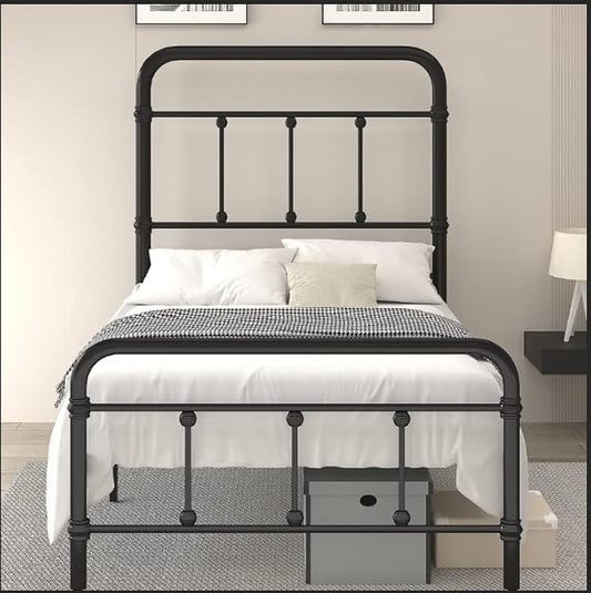 Twin XL-Bed-Frame with headboard Giselle-Vintage Antique-Metal - Platform Mattress Foundation,49 inch High,No Box Spring Needed(Black)
