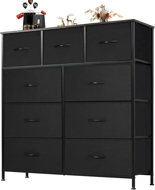 Sweetcrispy Dresser for Bedroom with 9 Storage Drawers, Tall Large Fabric Storage Tower Organizer, Chest of Drawers with Metal Frame Wooden Top for Closet, Living Room, Entryway, Black