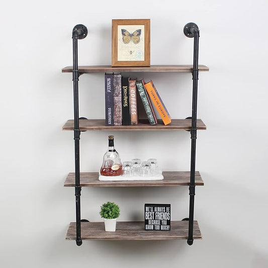 MBQQ Industrial Pipe Shelving Wall Mounted,30in Rustic Metal Floating Shelves,Steampunk Real Wood Book Shelves,Wall Shelf Unit Bookshelf Hanging Wall Shelves,Farmhouse Kitchen Bar Shelving(4 Tier)