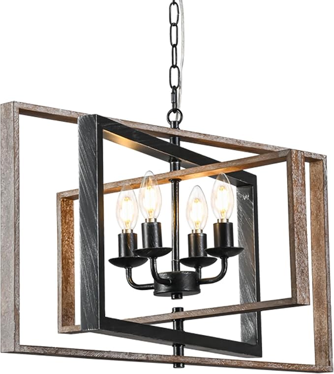 Farmhouse Wooden Chandeliers for Dining Room, 26 Inch Wood Chandelier, 4-Light Rustic Chandelier with Vintage Texture Metal Semi Flush Mount Ceiling Light for Kitchen Island Dining Room Foyer