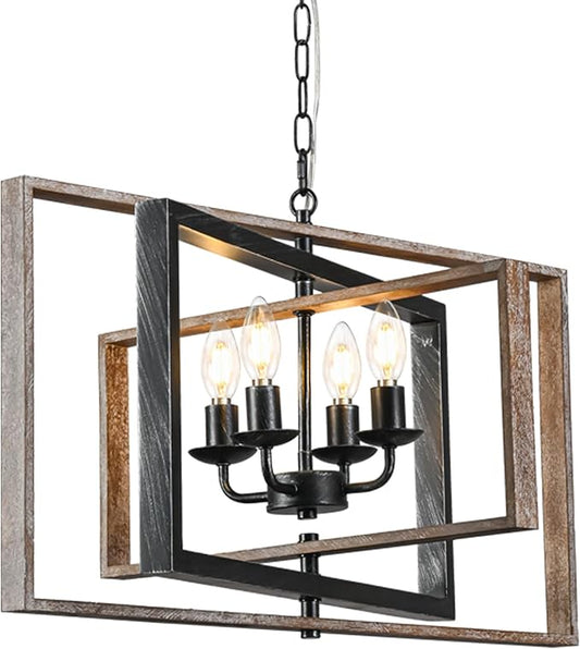 Farmhouse Wooden Chandeliers for Dining Room, 26 Inch Wood Chandelier, 4-Light Rustic Chandelier with Vintage Texture Metal Semi Flush Mount Ceiling Light for Kitchen Island Dining Room Foyer