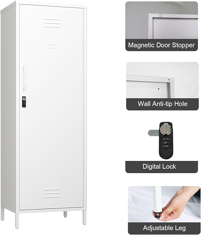 Metal Storage Cabinet, Steel File Locker with 3 Shelves 59.06-inch high for School, Living Room, Bedroom, Office (White, H59.06'')