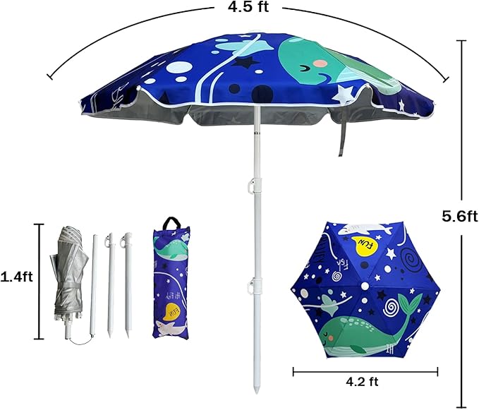 LOTTAFUN Water Table Umbrella Kid 5ft Beach Umbrella - Heavy Duty Wind Resistant UV 50+ Portable Sun Shade with Sand Anchor & Carry Bag, Outdoor Folding Umbrella for Beach,Pool,Patio,Garden (Dophin)