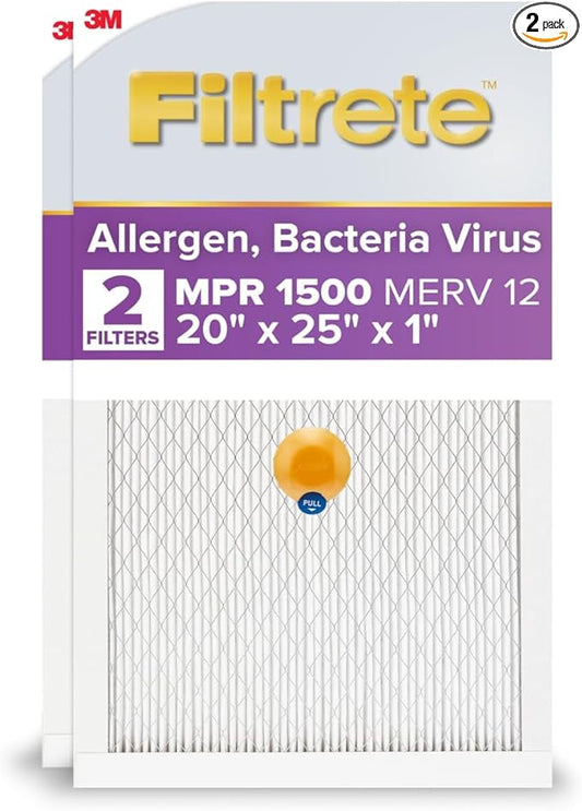 Filtrete 20x25x1 AC Furnace SMART Air Filter, MERV 12, MPR 1500, Track Filter Life With Bluetooth Enabled Sensor, CERTIFIED asthma & allergy friendly, 2-Pack (Actual Size 19.719x24.688x0.78 in)
