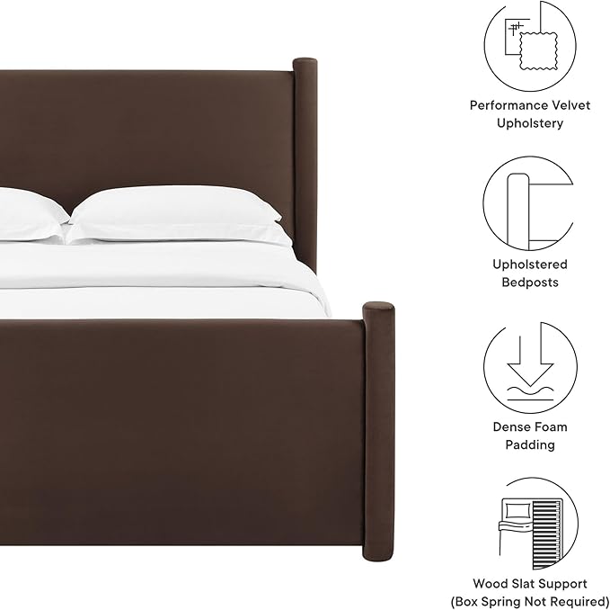 Modway Rael King Platform Bed Frame with Upholstered Headboard and Footboard in Chocolate Brown – Stain-Resistant Performance Velvet King Size Bed with Rounded Posts