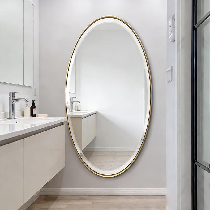POZINO Oval Beveled Mirror, 28"x48" Brushed Gold Wall Mirror with Stainless Steel Frame, Modern Vanity Mirrors for Bathroom Living Room Bedroom Entryway Fireplace, Hangs Vertically or Horizontally