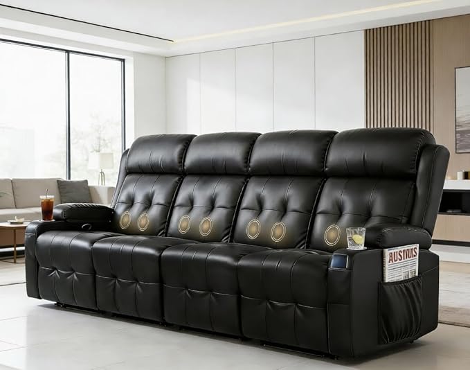 Recliner Sofa, Massage Reclining 4 Seater Sofa Sets Heavy Weight Capacity, RV Loveseat Couch Clearance with Storage, Cup Holders, Wall Hugger Recliners for Living Room & RV Campers