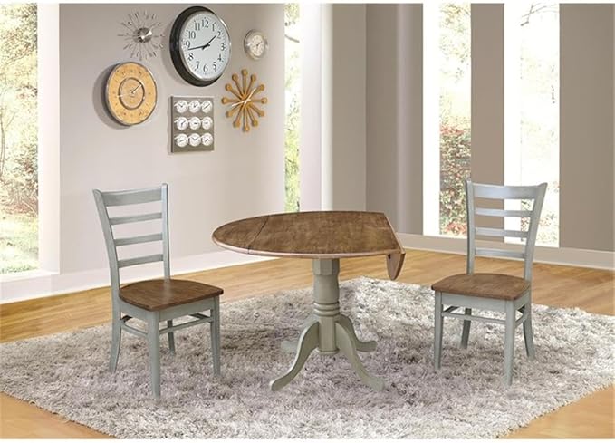 IC INTERNATIONAL CONCEPTS 42" Solid Wood Distressed Hickory/Stone Drop Leaf Table with 2 Emily Chairs