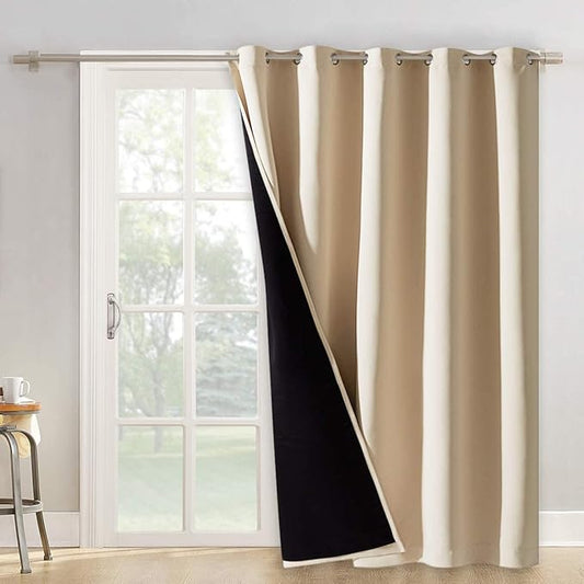 NICETOWN Thermal Insulated 100% Blackout Curtains, Noise Reducing Heavy-Duty Slider Curtain Panel with Black Lining, Full Light Blocking Patio Door Drapery (1 PC, 70-inch x 95-inch, Biscotti Beige)