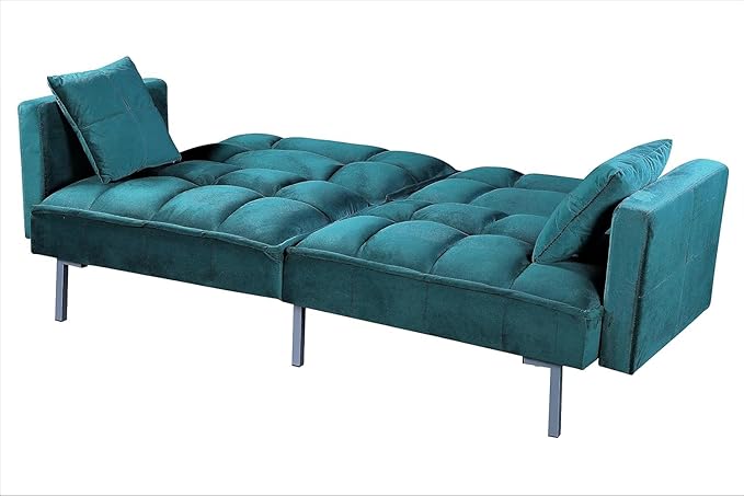 Container Furniture Direct Regal 75.6" Velvet Convertible Sofa Bed - Mid-Century Sleeper Couch w/Tufted Design & Metal Legs - Pull-Out Futon for Guests/Home (75.6" W x 34.6" D x 32" H), Blue