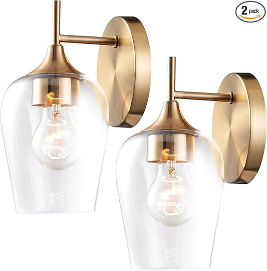 Hamilyeah Gold Sconces Wall Lighting Set of 2, Bathroom Wall Lighting Fixtures Brass, Modern and Vintage Wall Lights with Clear Champagne Glass Shade for Bedroom,Fireplace,Hallway,Kitchen