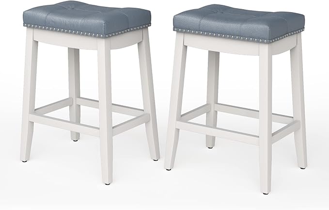 COSTWAY Bar Stools Set of 2, 24-Inch Height Backless Counter Stool with Footrest, Soft Seat Cushion, Wood Legs and Non-Slip Foot Pad, Saddle Stools for Home Kitchen Living Room, Stone Gray+White