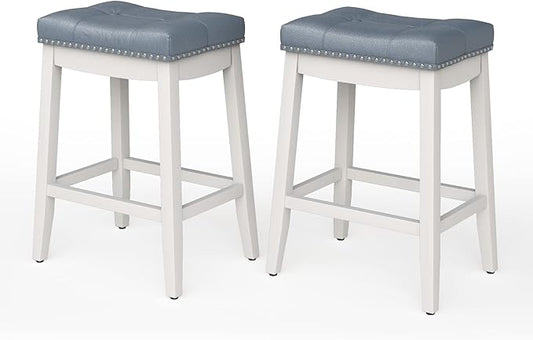 COSTWAY Bar Stools Set of 2, 24-Inch Height Backless Counter Stool with Footrest, Soft Seat Cushion, Wood Legs and Non-Slip Foot Pad, Saddle Stools for Home Kitchen Living Room, Stone Gray+White