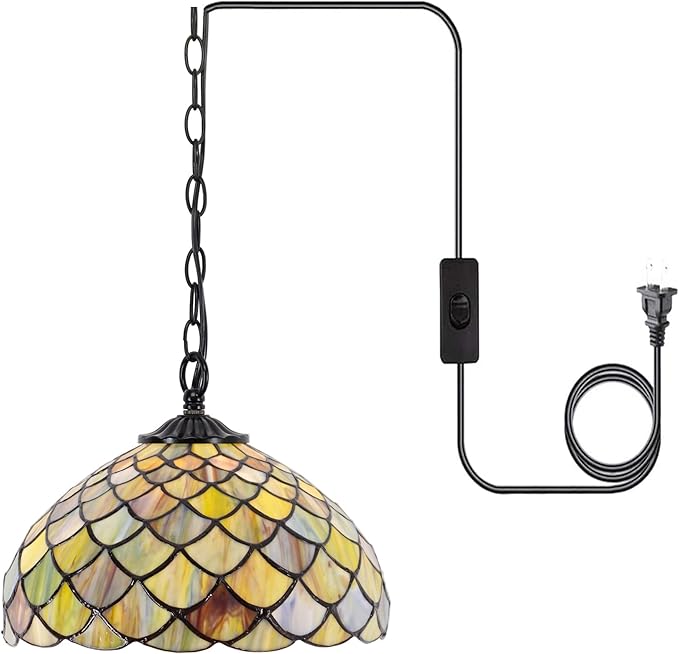 Tiffany Pendant Light Plug in 12 Inch Brown Fish Scales Stained Glass Hanging Lamp with Chain 33 Inch, Cord 15 Feet