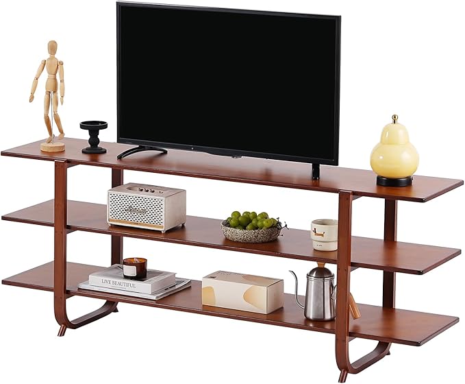 Welnow Bamboo TV Stand for Up to 65 Inch, Mid Century Modern Entertainment Center with 3-Tier Open Shelves, Storage Media Console Table for Living Room, Bedroom, Walnut