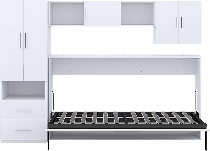 Merax Twin Murphy Bed Cabinet with Storage Wardrobe, Wood Folding Wall Cabinet Bed w/Open Shelves & Drawers, for Guest Room, Home Office, White