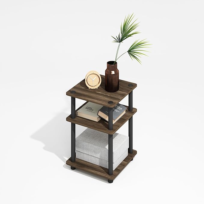 Furinno Turn-N-Tube Side Table, 3-Tier Square Modern End Table with Open Shelf, Night Stand, Bedside Table, Easy Assembly, for Living Room, Bedroom, Brown Walnut