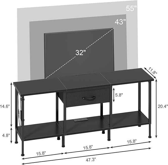 GYIIYUO LED TV Stand with Power Outlet and Fabric Drawer for 55 50 45 Inches TV - Entertainment Center and Industrial TV Console Table for Living Room, Bedroom- 47" Black