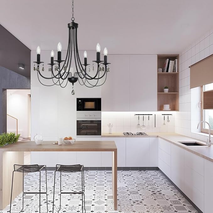 Black Chandeliers for Dining Room 6-Light Pendant Lights Modern Candle Chandelier with Brown Crystal Elegant Ceiling Lighting Fixtures Height Adjustable