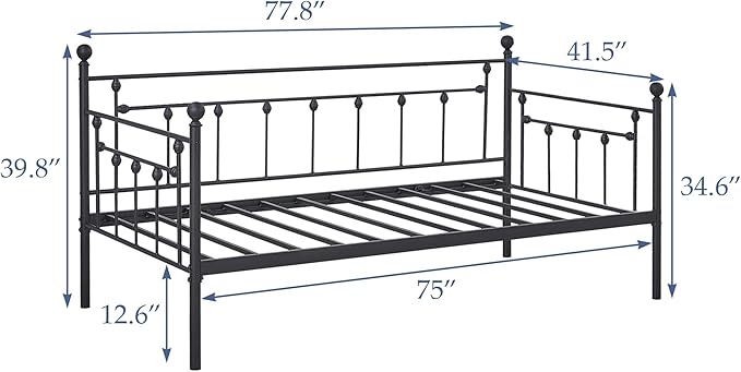 VECELO Daybed Frame, Twin Size Metal Platform Bed with Headboard,Heavy Duty Steel Slats Support for Living Room Bedroom Guest Room, Easy Assembly