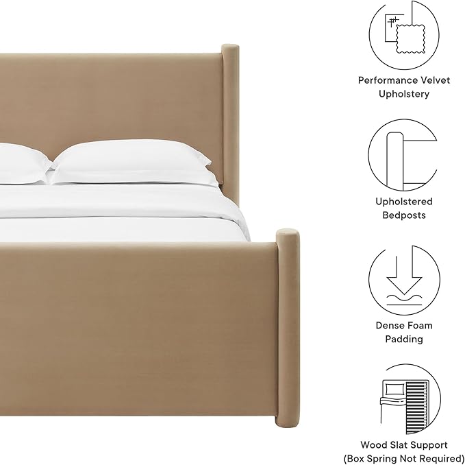 Modway Rael Queen Platform Bed Frame with Upholstered Headboard and Footboard in Taupe – Stain-Resistant Performance Velvet Queen Size Bed with Rounded Posts