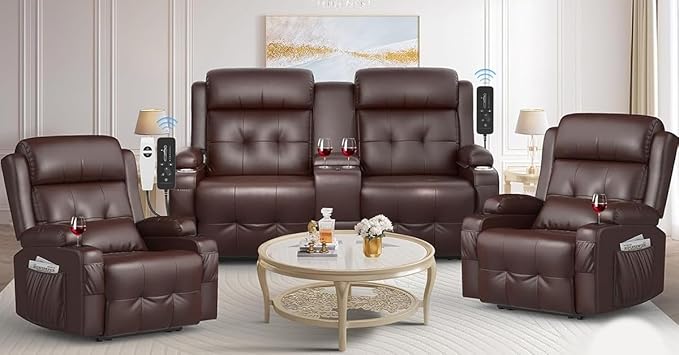 Reclining Loveseat, 1 Massage Loveseat Recliner Sofa Heavy Weight Capacity, RV Love Seat Clearance with Console, USB, Type C Port, Storage, Cup Holders, 2 Single Power Recliner Chairs Heat & Massage