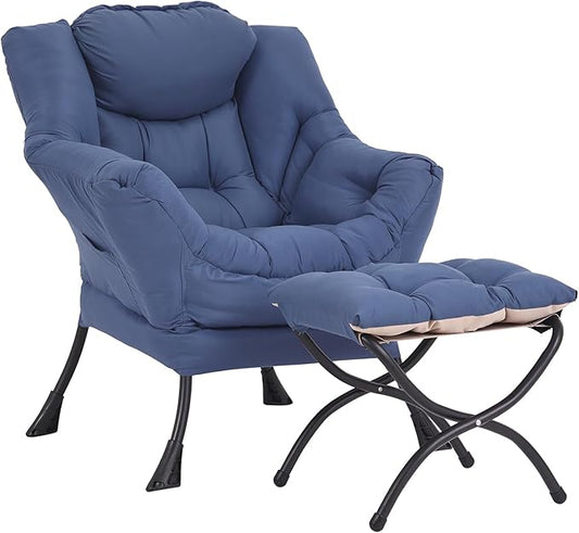 Lazy Chair and Ottoman, Peach Blue Large Accent Chair with Side Pocket, Modern Leisure Upholstered Sofa Reading Armchair with Footrest for Office, Bedroom, Living Room, Dorm Rooms, Balcony